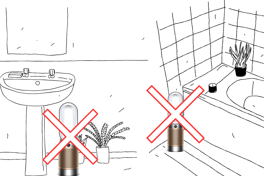 Der Dyson Purifier Hot+Cool Formaldehyde HP09 sollte im Badezimmer nicht direkt neben dem Waschbecken oder der Badewanne aufgrund des Spritzwassers aufgestellt werden.